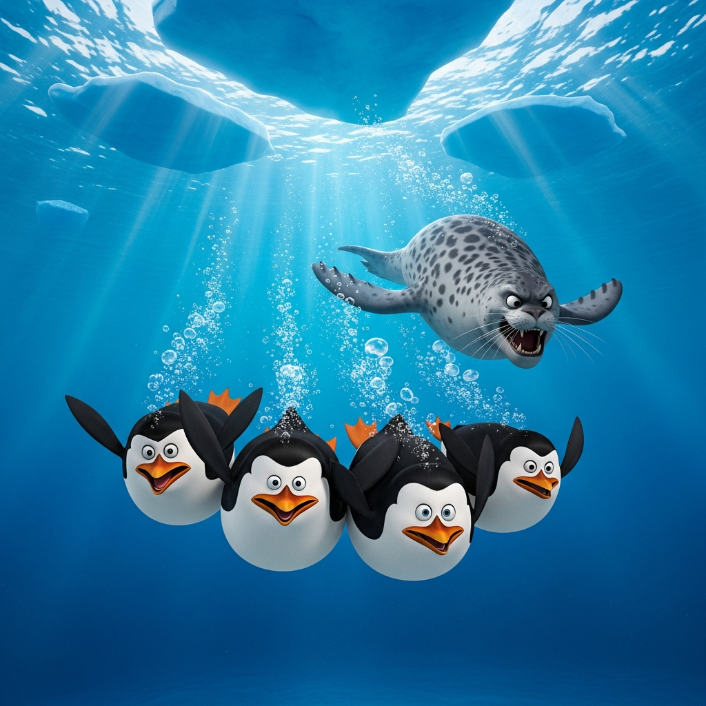 Penguins escaping leopard seal